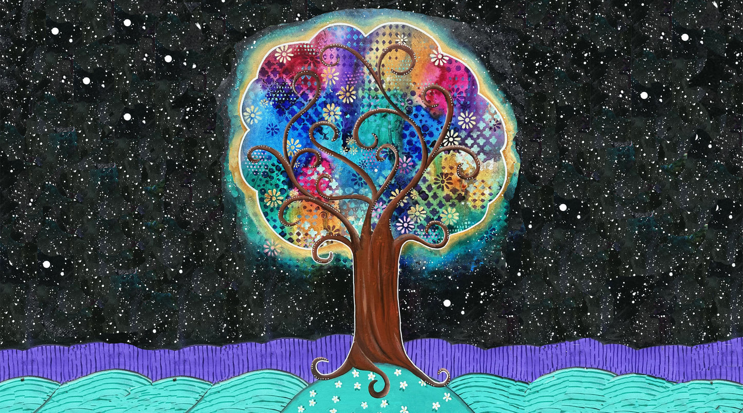 whimsy and me, whimsical, tree of life, intuitive painting, bold colors, flowers, water, free, purple, turquoise, forest, tree, gym towel, soft
