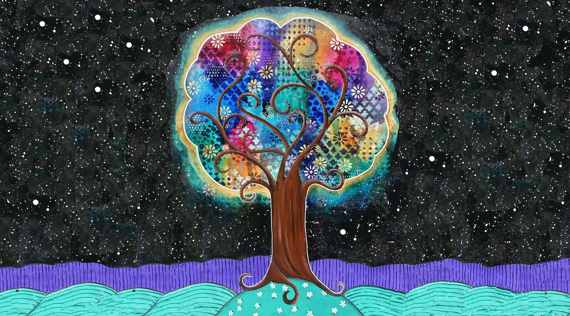 whimsy and me, whimsical, tree of life, intuitive painting, bold colors, flowers, water, free, purple, turquoise, forest, tree, gym towel, soft