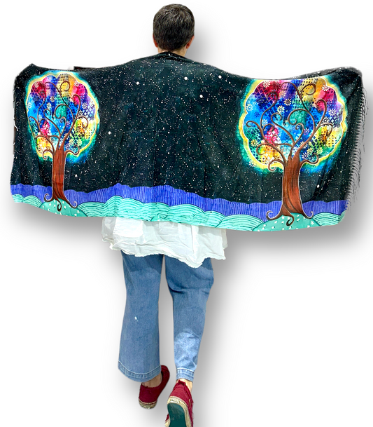 whimsy and me, whimsical, tree of life, intuitive painting, bold colors, flowers, water, free, purple, turquoise, forest, tree, shawl, soft, snuggly
