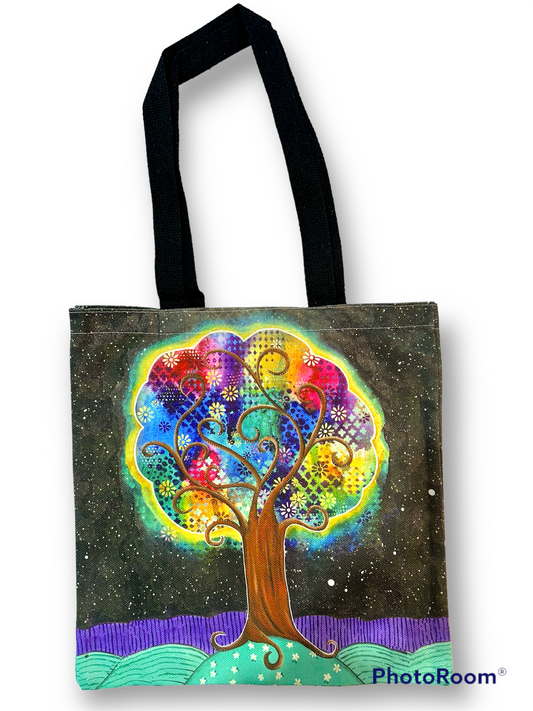 whimsy and me, whimsical, tree of life, intuitive painting, bold colors, flowers, water, free, purple, turquoise, forest, tree, tote bag
