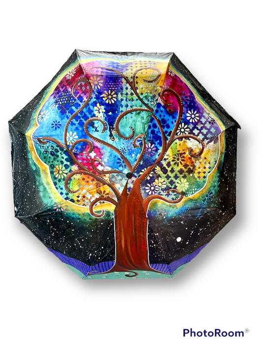 whimsy and me, whimsical, tree of life, intuitive painting, bold colors, flowers, water, free, purple, turquoise, forest, tree, umbrella