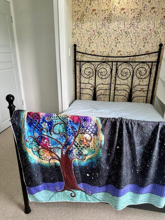 whimsy and me, whimsical, tree of life, intuitive painting, bold colors, flowers, water, free, purple, turquoise, forest, tree, beach towel, soft