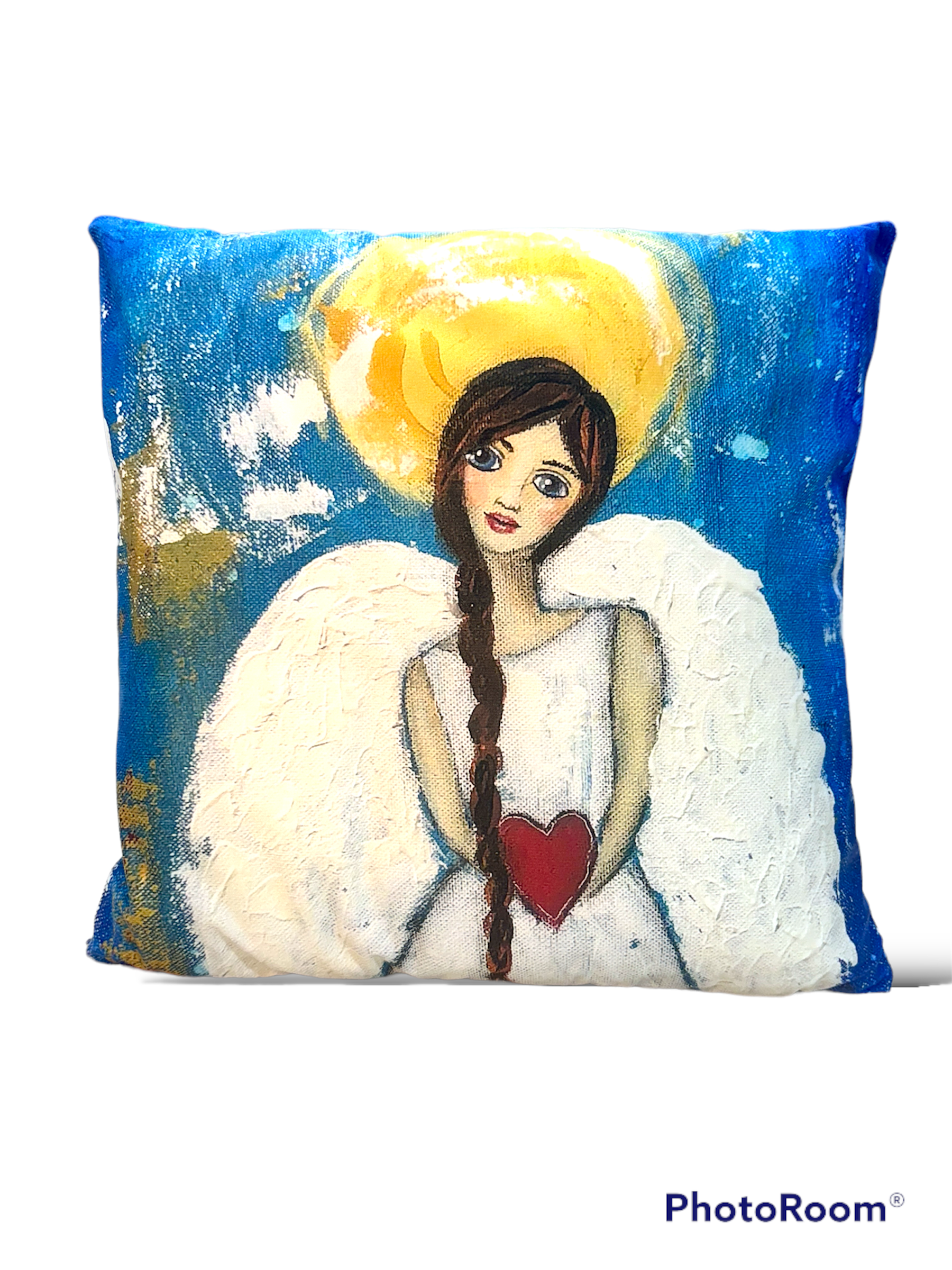 whimsy and me, multi colored, angel, hear, love, brunette girl, sunshine, wings, freedom, mixed media, choices, forgiveness, cushion cover, soft, snuggly