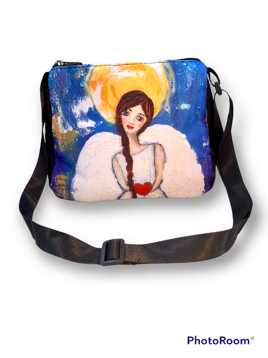 whimsy and me, multi colored, angel, hear, love, brunette girl, sunshine, wings, freedom, mixed media, choices, forgiveness, satchel bag, zipper closure, phone pocket, adjustable strap