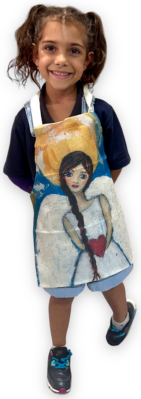 whimsy and me, multi colored, angel, hear, love, brunette girl, sunshine, wings, freedom, mixed media, choices, forgiveness, childs apron