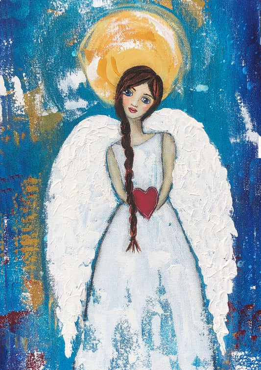 whimsy and me, multi colored, angel, hear, love, brunette girl, sunshine, wings, freedom, mixed media, choices, forgiveness, original artwork
