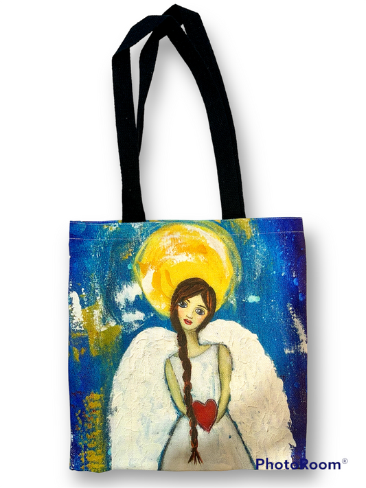 whimsy and me, multi colored, angel, hear, love, brunette girl, sunshine, wings, freedom, mixed media, choices, forgiveness, tote bag