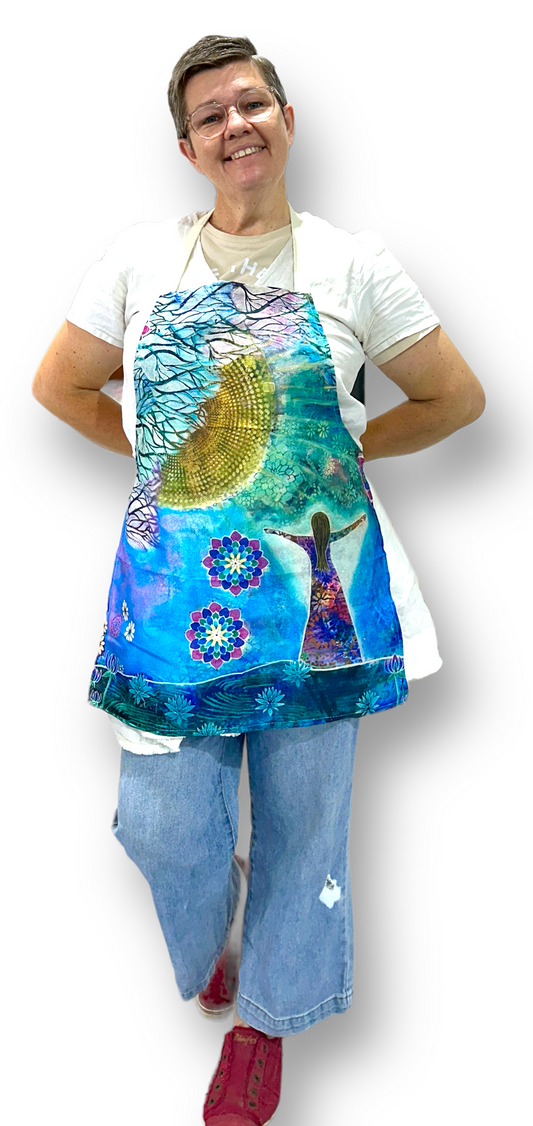 whimsy and me, whimsical girl, intuitive painting, sunshine, bold colors, lotus flowers, water, free girl, purple, turquoise, flowers, forest, trees, adults apron, art, creative