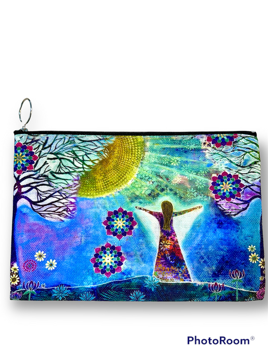whimsy and me, whimsical girl, intuitive painting, sunshine, bold colors, lotus flowers, water, free girl, purple, turquoise, flowers, forest, trees, beauty bag, art, creative