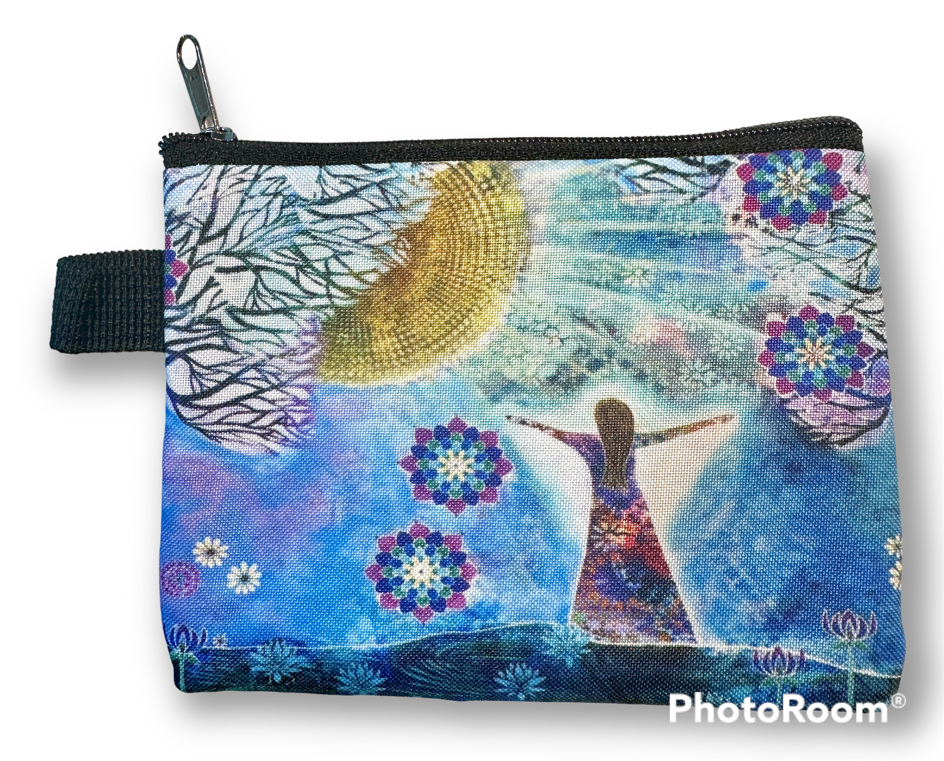 whimsy and me, whimsical girl, intuitive painting, sunshine, bold colors, lotus flowers, water, free girl, purple, turquoise, flowers, forest, trees, art print, art, creative, coin purse