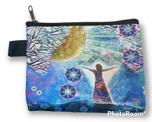 whimsy and me, whimsical girl, intuitive painting, sunshine, bold colors, lotus flowers, water, free girl, purple, turquoise, flowers, forest, trees, art print, art, creative, coin purse