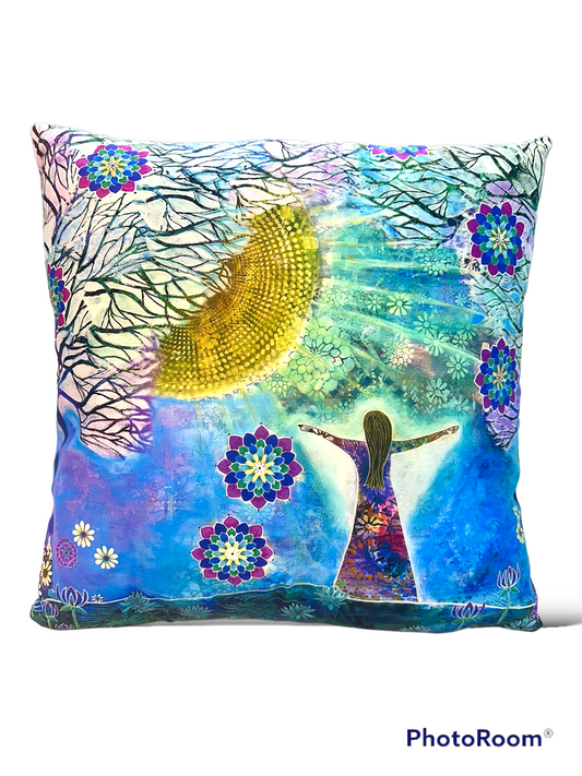 whimsy and me, whimsical girl, intuitive painting, sunshine, bold colors, lotus flowers, water, free girl, purple, turquoise, flowers, forest, trees, cushion cover, comfortable, cosy, art, creative, double sided