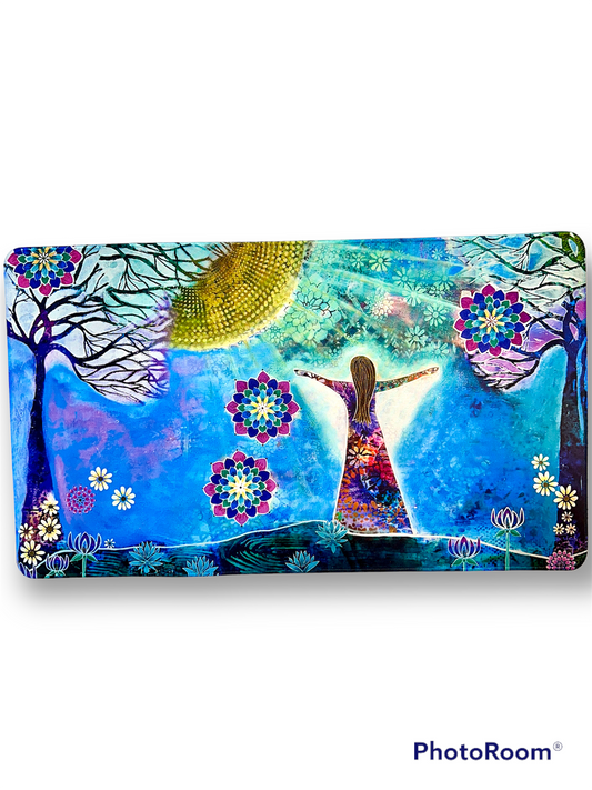 whimsy and me, whimsical girl, intuitive painting, sunshine, bold colors, lotus flowers, water, free girl, purple, turquoise, flowers, forest, trees, gaming mat, art, creative
