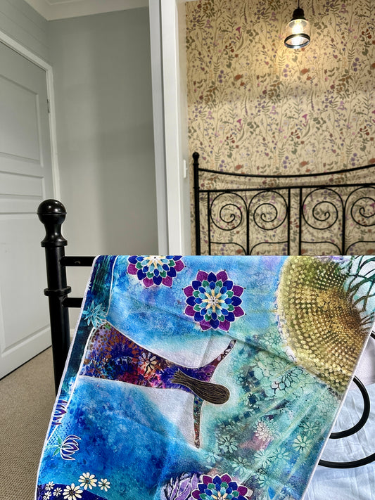 whimsy and me, whimsical girl, intuitive painting, sunshine, bold colors, lotus flowers, water, free girl, purple, turquoise, flowers, forest, trees, art print, art, creative, comfortable,  gym towel