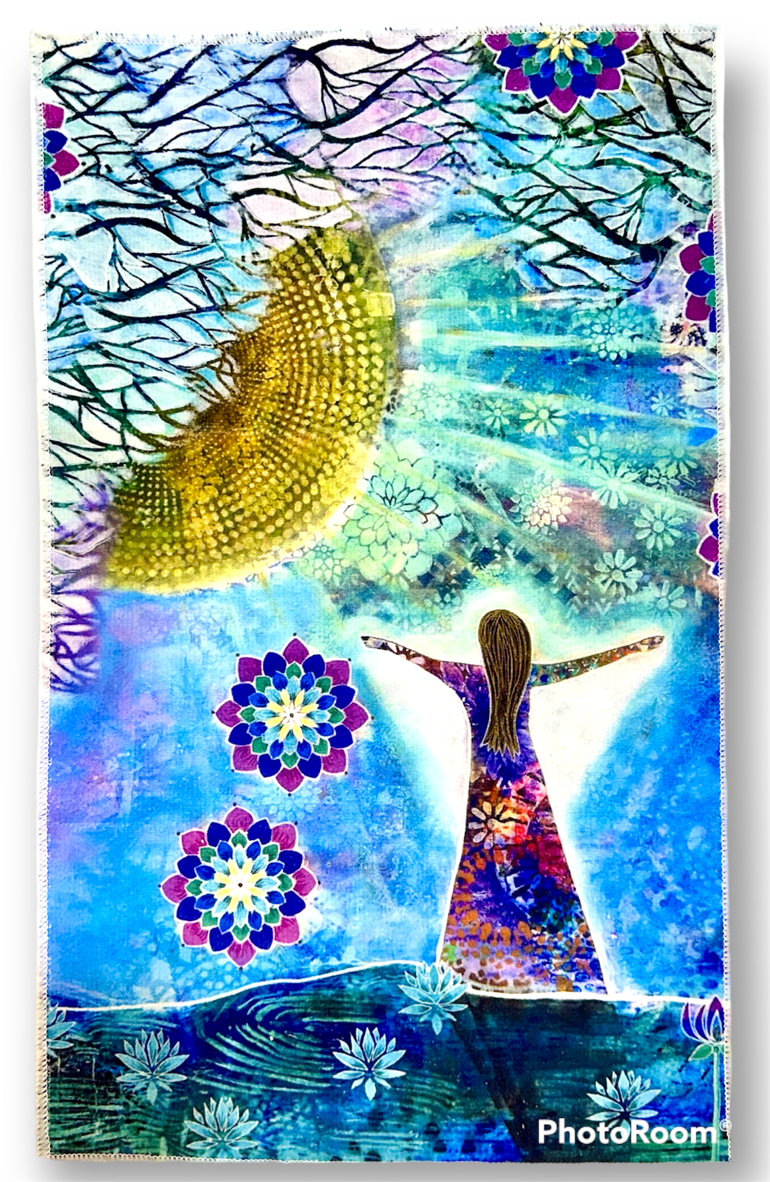 whimsy and me, whimsical girl, intuitive painting, sunshine, bold colors, lotus flowers, water, free girl, purple, turquoise, flowers, forest, trees, hand towel, comfortable, art, creative