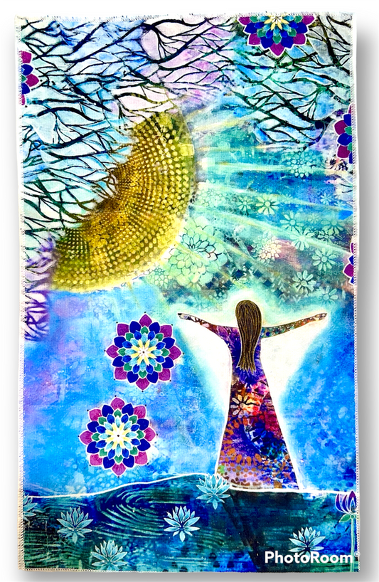 whimsy and me, whimsical girl, intuitive painting, sunshine, bold colors, lotus flowers, water, free girl, purple, turquoise, flowers, forest, trees, hand towel, comfortable, art, creative