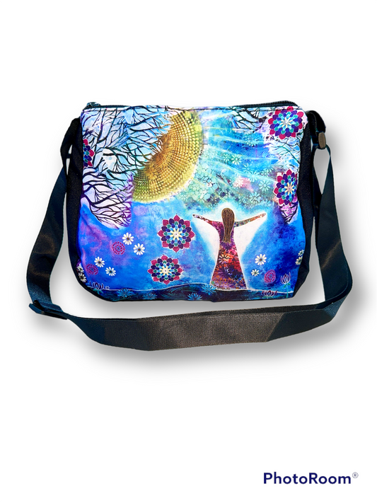 whimsy and me, whimsical girl, intuitive painting, sunshine, bold colors, lotus flowers, water, free girl, purple, turquoise, flowers, forest, trees, handbag, art, creative