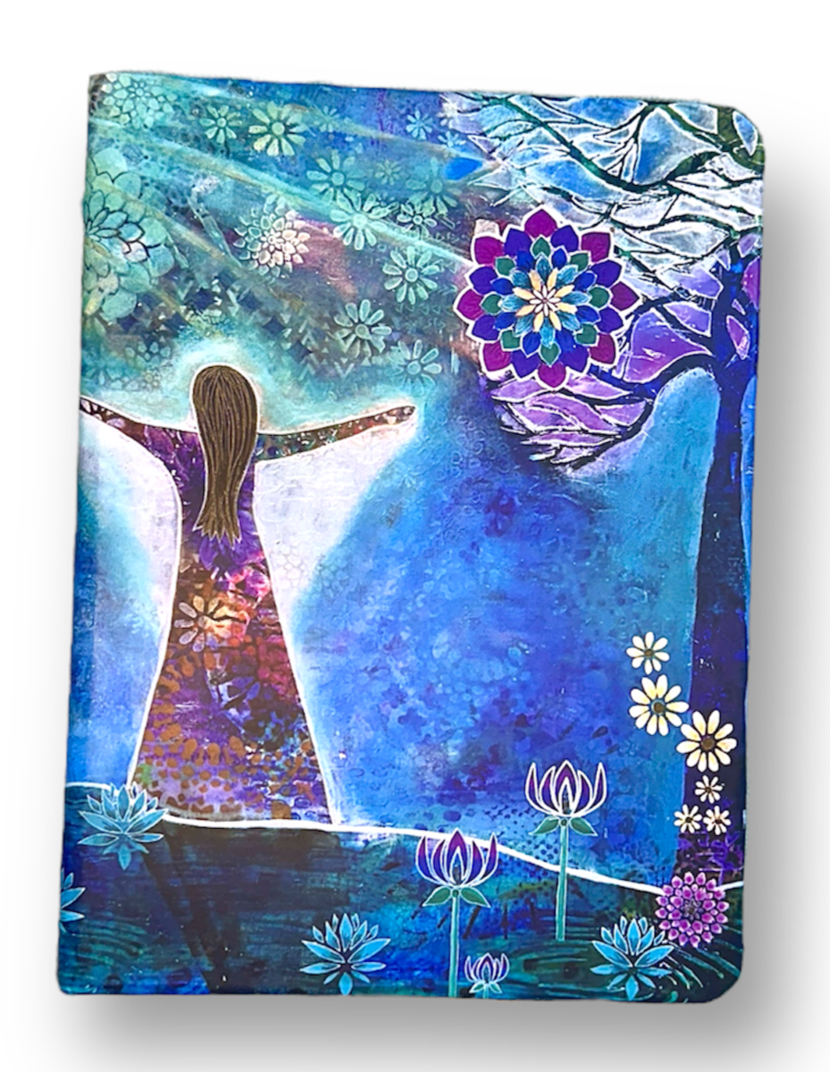 whimsy and me, whimsical girl, intuitive painting, sunshine, bold colors, lotus flowers, water, free girl, purple, turquoise, flowers, forest, trees, art journal, art, creative