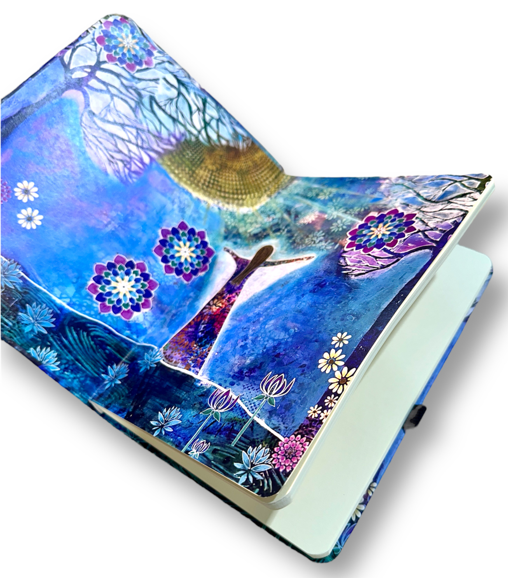 whimsy and me, whimsical girl, intuitive painting, sunshine, bold colors, lotus flowers, water, free girl, purple, turquoise, flowers, forest, trees, art journal, art, creative, hard cover