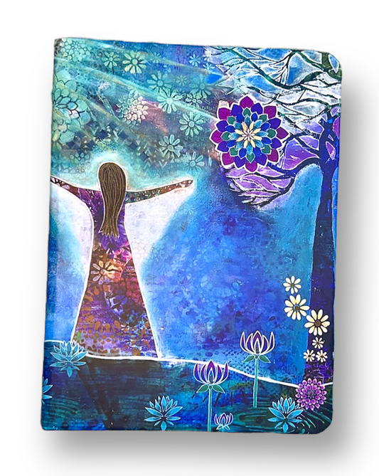 whimsy and me, whimsical girl, intuitive painting, sunshine, bold colors, lotus flowers, water, free girl, purple, turquoise, flowers, forest, trees, art journal, art, creative, hard cover
