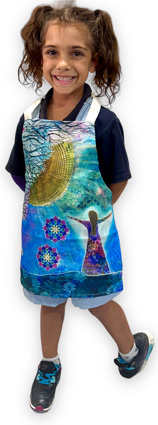whimsy and me, whimsical girl, intuitive painting, sunshine, bold colors, lotus flowers, water, free girl, purple, turquoise, flowers, forest, trees, childs apron, art, creative