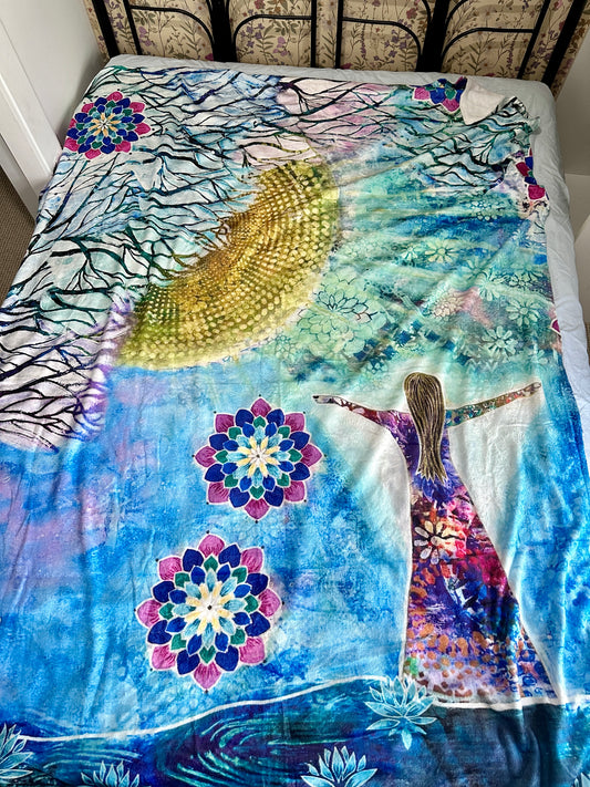 whimsy and me, whimsical girl, intuitive painting, sunshine, bold colors, lotus flowers, water, free girl, purple, turquoise, flowers, forest, trees, art print, art, creative, comfortable,  minki blanket, queen bed, snuggly
