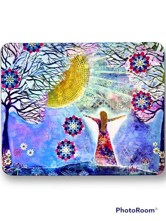 whimsy and me, whimsical girl, intuitive painting, sunshine, bold colors, lotus flowers, water, free girl, purple, turquoise, flowers, forest, trees, art print, art, creative, comfortable, mouse pad
