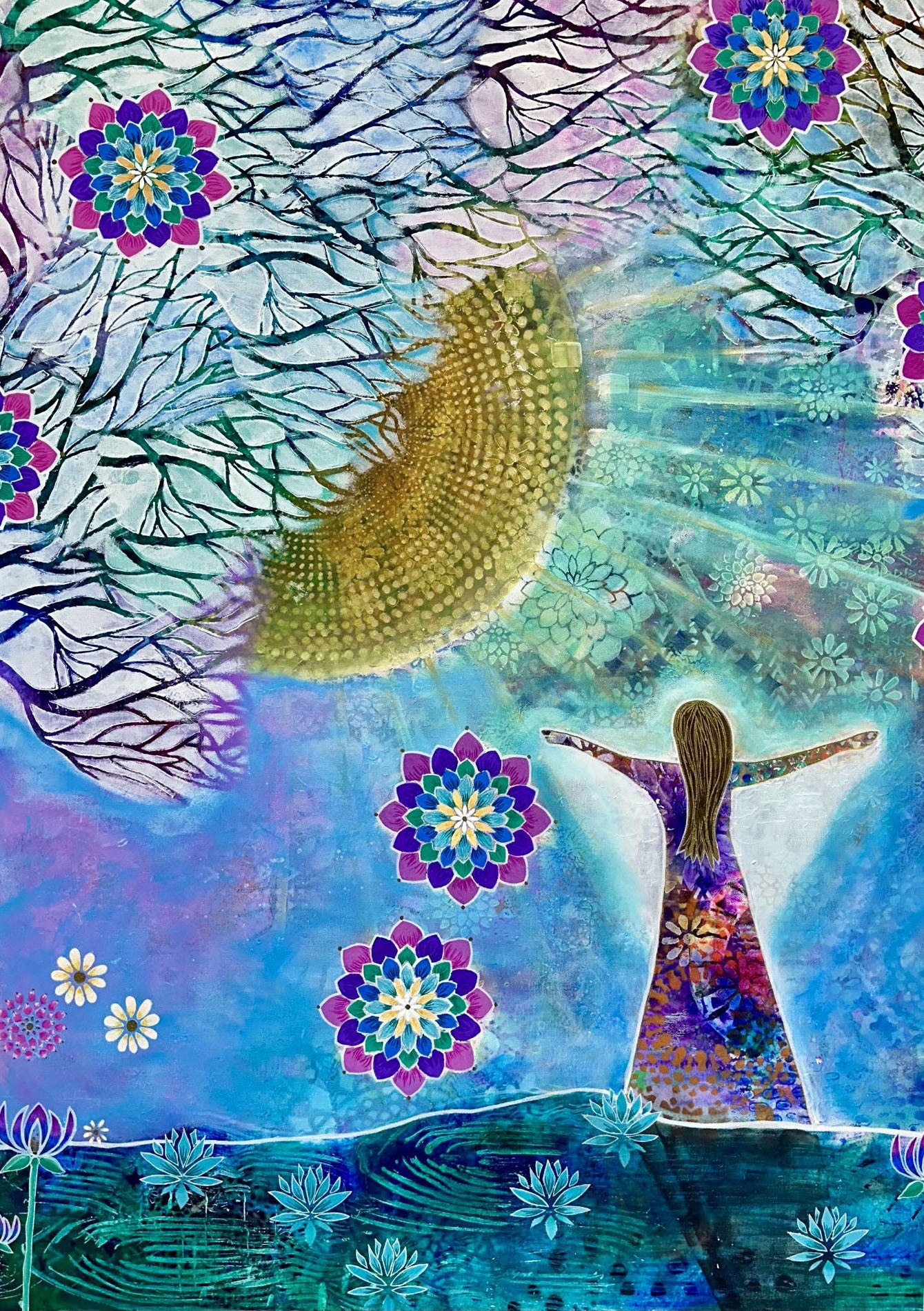 whimsy and me, whimsical girl, intuitive painting, sunshine, bold colors, lotus flowers, water, free girl, purple, turquoise, flowers, forest, trees, art print, art, creative