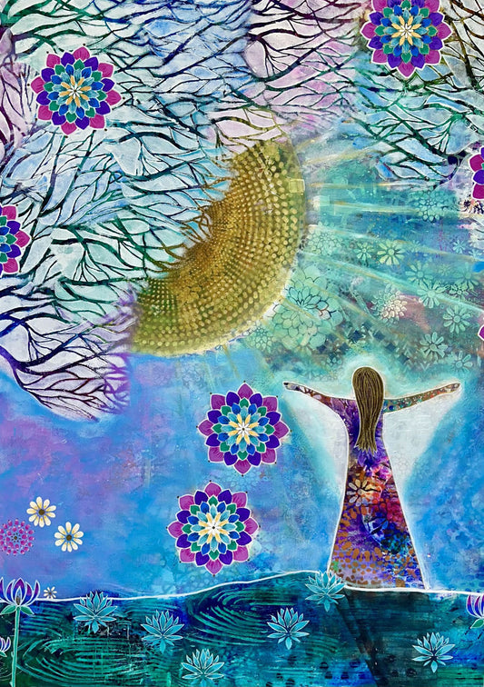 whimsy and me, whimsical girl, intuitive painting, sunshine, bold colors, lotus flowers, water, free girl, purple, turquoise, flowers, forest, trees, art print, art, creative