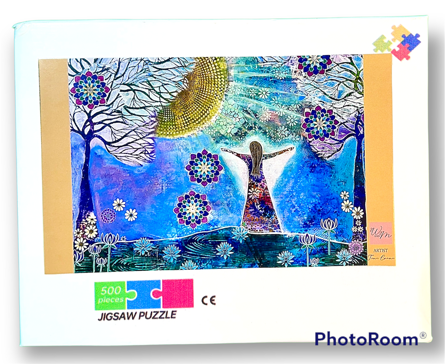 whimsy and me, whimsical girl, intuitive painting, sunshine, bold colors, lotus flowers, water, free girl, purple, turquoise, flowers, forest, trees, puzzle, wooden, art, creative