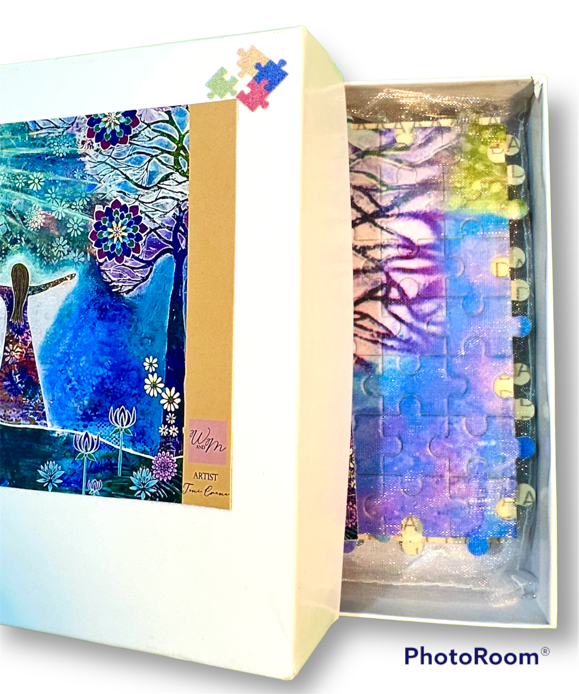 whimsy and me, whimsical girl, intuitive painting, sunshine, bold colors, lotus flowers, water, free girl, purple, turquoise, flowers, forest, trees, puzzle, wooden, art, creative