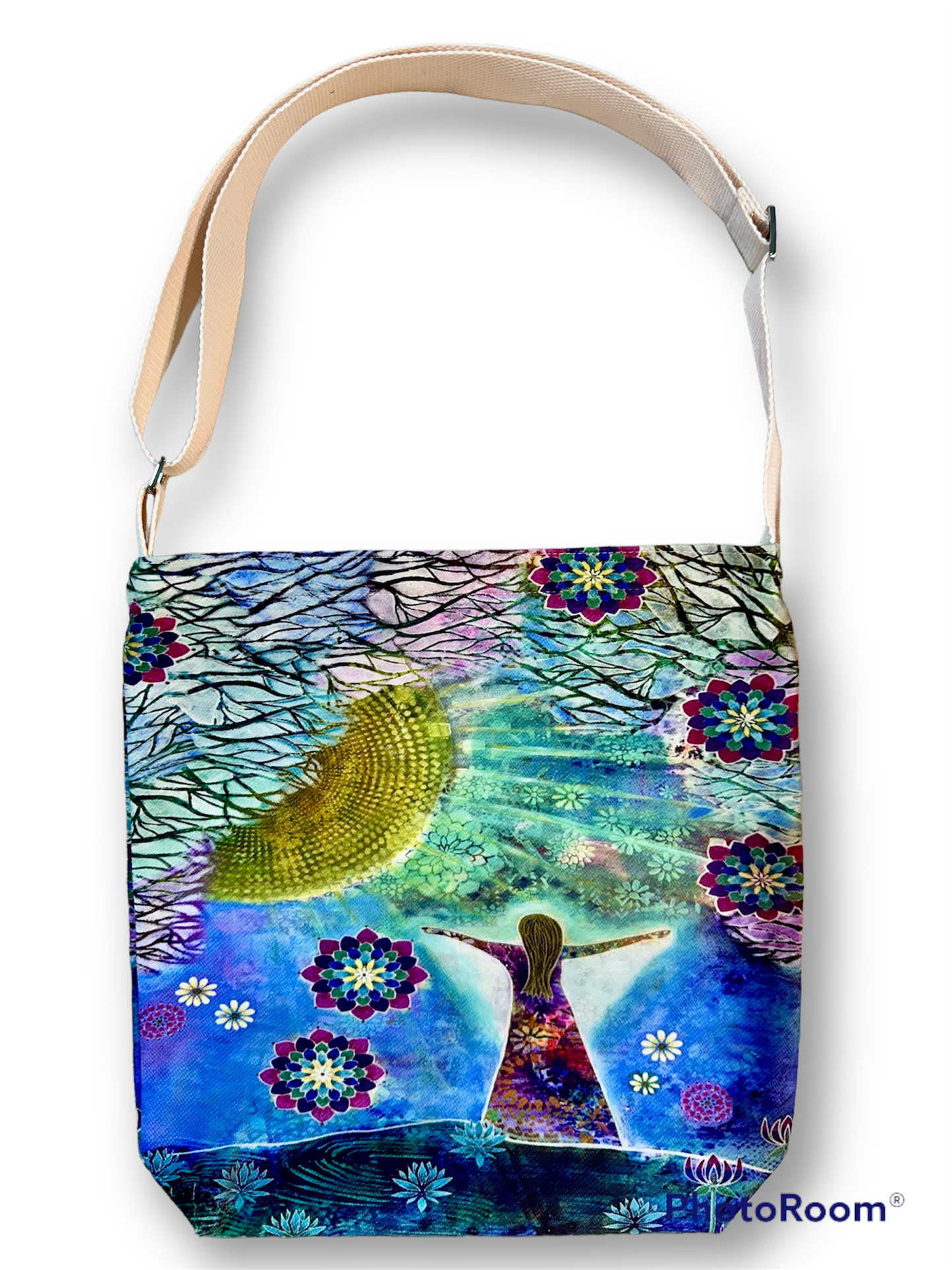 whimsy and me, whimsical girl, intuitive painting, sunshine, bold colors, lotus flowers, water, free girl, purple, turquoise, flowers, forest, trees, satchel bag, art, creative