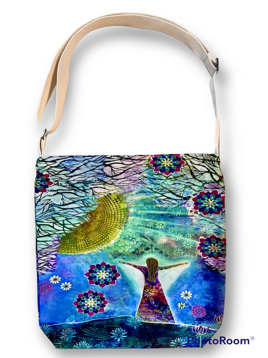 whimsy and me, whimsical girl, intuitive painting, sunshine, bold colors, lotus flowers, water, free girl, purple, turquoise, flowers, forest, trees, satchel bag, art, creative