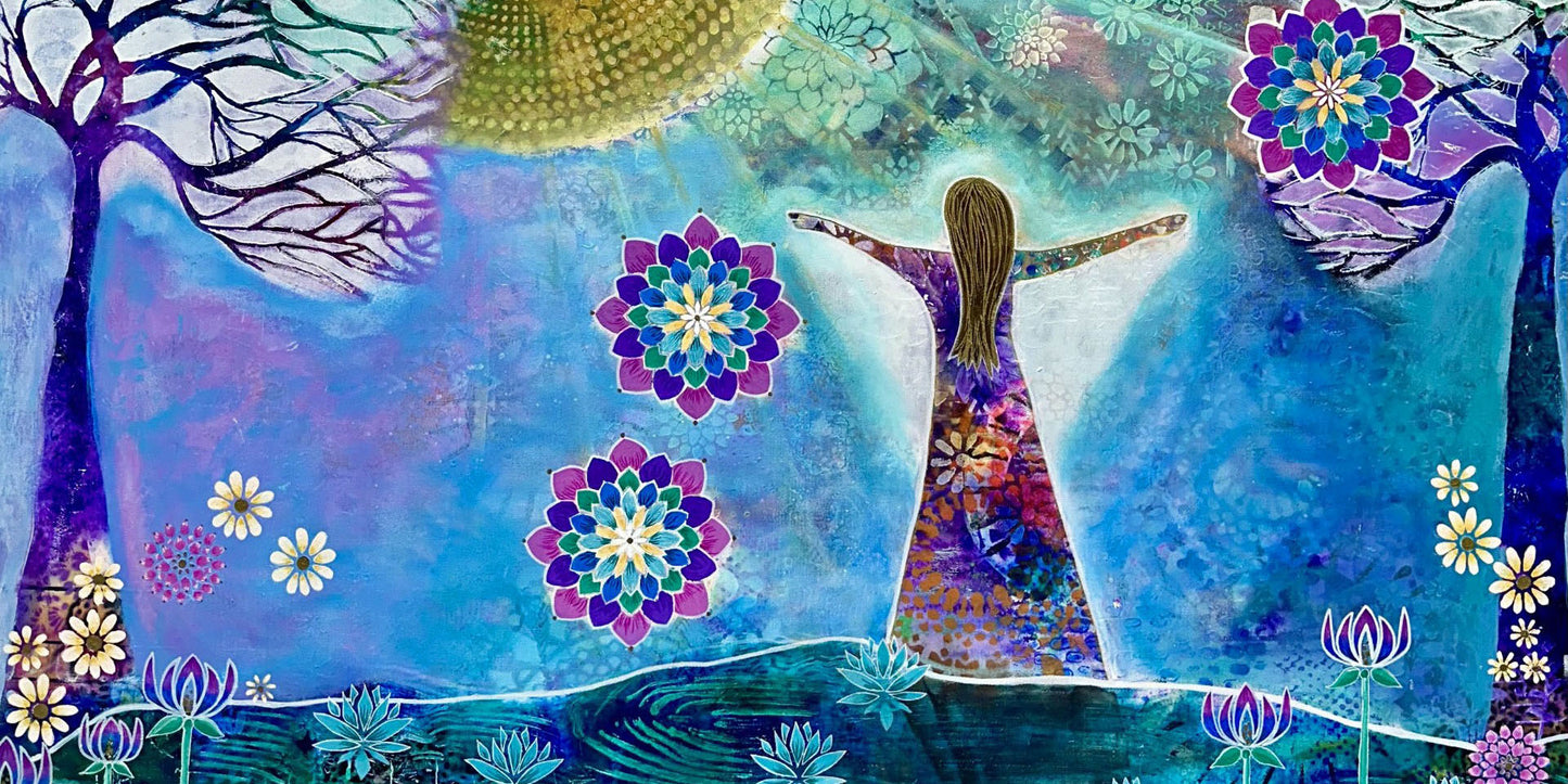 whimsy and me, whimsical girl, intuitive painting, sunshine, bold colors, lotus flowers, water, free girl, purple, turquoise, flowers, forest, trees, art print, art, creative, comfortable,  beach towel