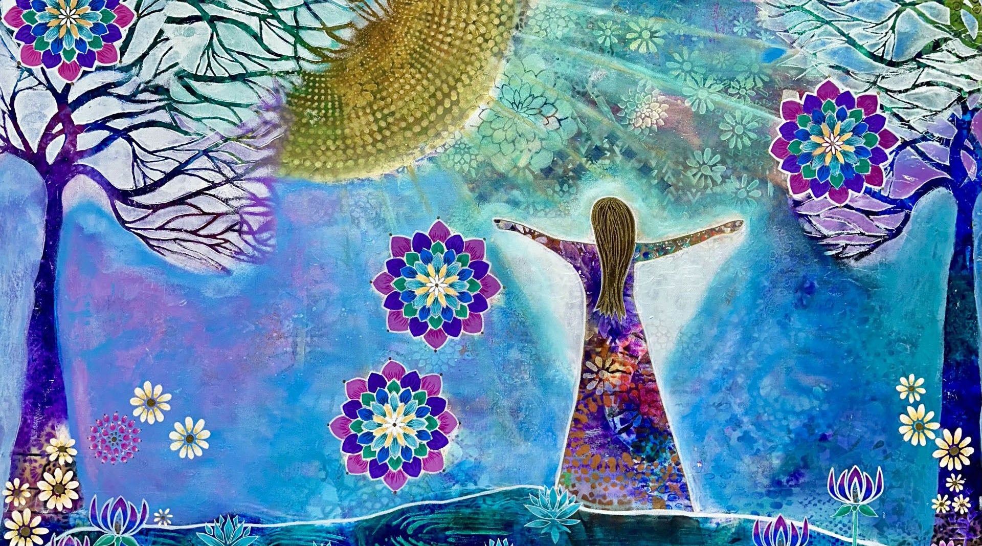 whimsy and me, whimsical girl, intuitive painting, sunshine, bold colors, lotus flowers, water, free girl, purple, turquoise, flowers, forest, trees, art print, art, creative, comfortable,  gym towel
