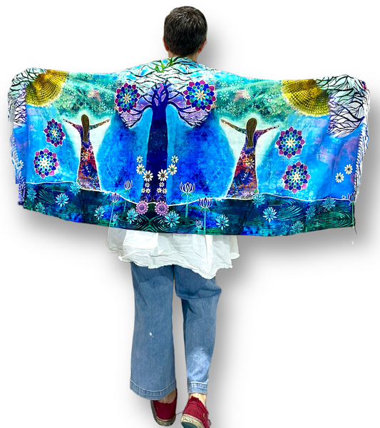 whimsy and me, whimsical girl, intuitive painting, sunshine, bold colors, lotus flowers, water, free girl, purple, turquoise, flowers, forest, trees, shawl, warmth, cosy