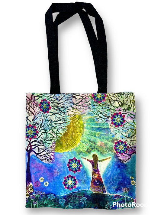 whimsy and me, whimsical girl, intuitive painting, sunshine, bold colors, lotus flowers, water, free girl, purple, turquoise, flowers, forest, trees, tote bag, art, creative