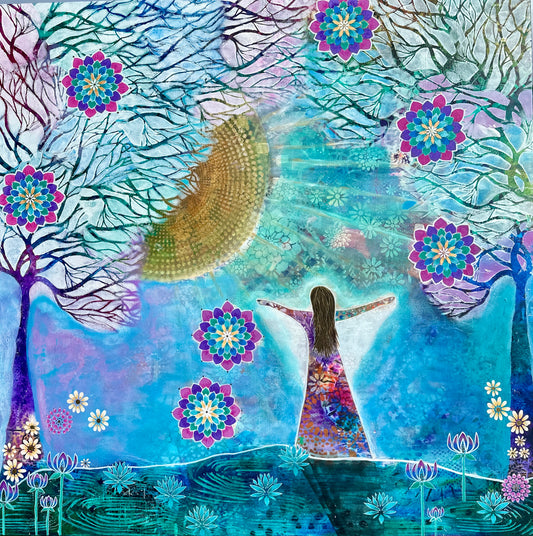 whimsy and me, whimsical girl, intuitive painting, sunshine, bold colors, lotus flowers, water, free girl, purple, turquoise, flowers, forest, trees