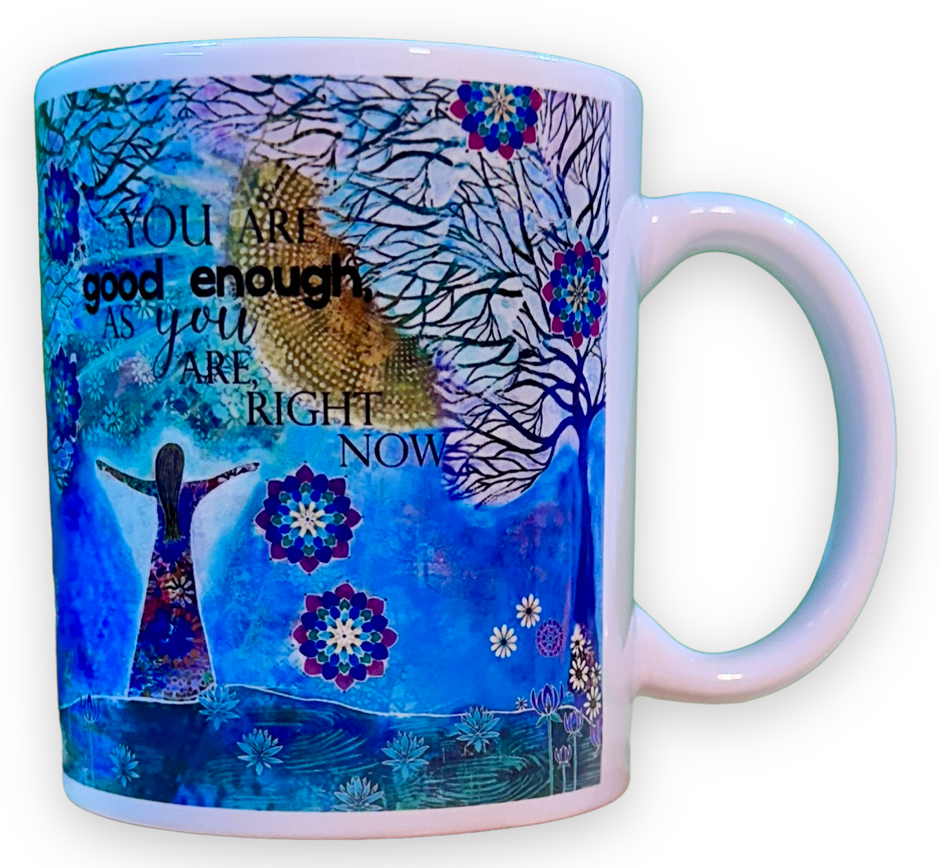 whimsy and me, whimsical girl, intuitive painting, sunshine, bold colors, lotus flowers, water, free girl, purple, turquoise, flowers, forest, trees, mug