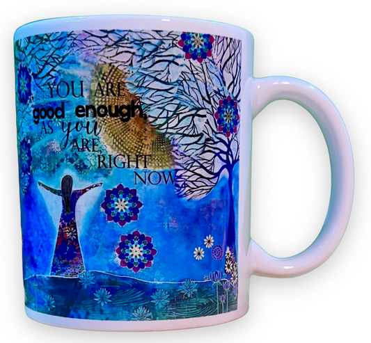whimsy and me, whimsical girl, intuitive painting, sunshine, bold colors, lotus flowers, water, free girl, purple, turquoise, flowers, forest, trees, mug