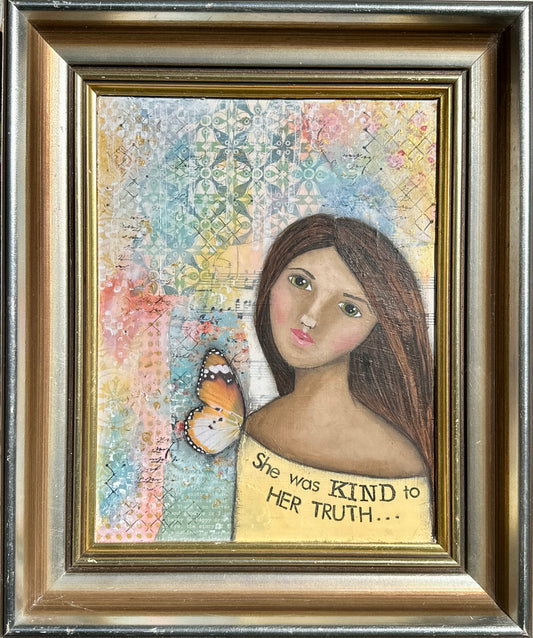 whimsy and me, yellow, mixed media, butterfly girl, brunette, framed, recycled frame, green eyes, whimsical girl