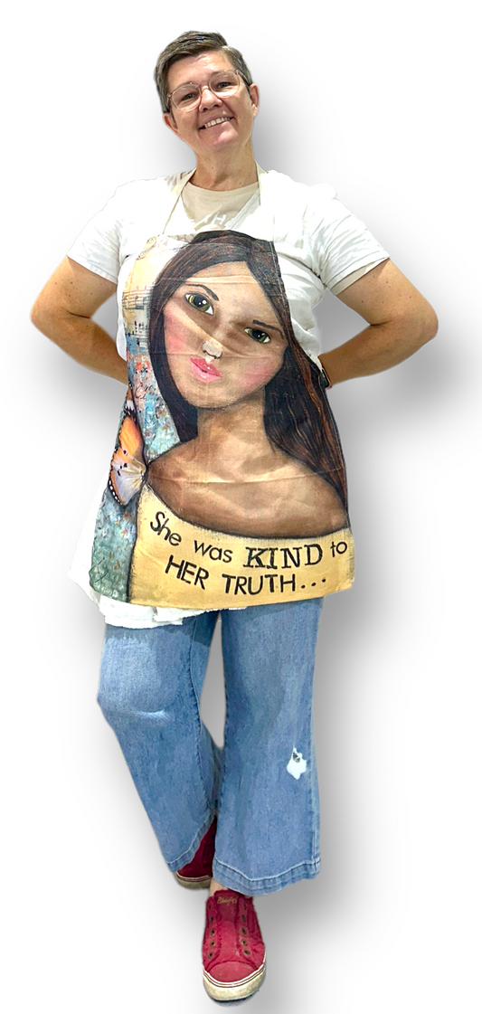 whimsy and me, yellow, mixed media, butterfly girl, brunette, framed, recycled frame, green eyes, whimsical girl, adults apron