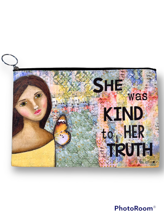 whimsy and me, yellow, mixed media, butterfly girl, brunette, framed, recycled frame, green eyes, whimsical girl, beauty bag