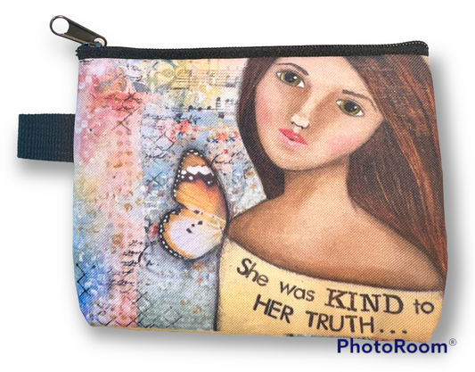 whimsy and me, yellow, mixed media, butterfly girl, brunette, framed, recycled frame, green eyes, whimsical girl, coin purse