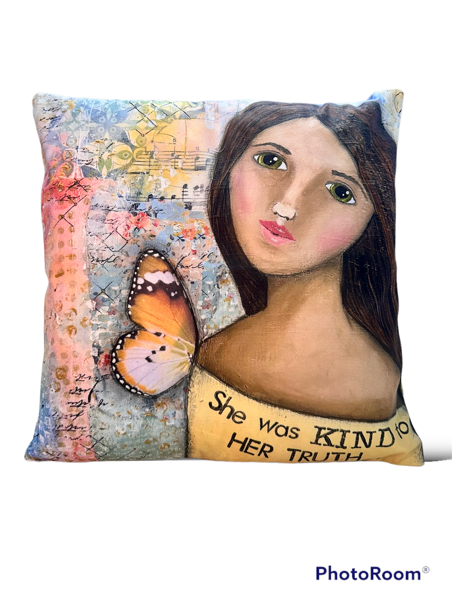 whimsy and me, yellow, mixed media, butterfly girl, brunette, framed, recycled frame, green eyes, whimsical girl, cushion cover, soft, snuggly, double sided