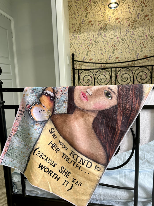 whimsy and me, yellow, mixed media, butterfly girl, brunette, framed, recycled frame, green eyes, whimsical girl, soft, snuggly