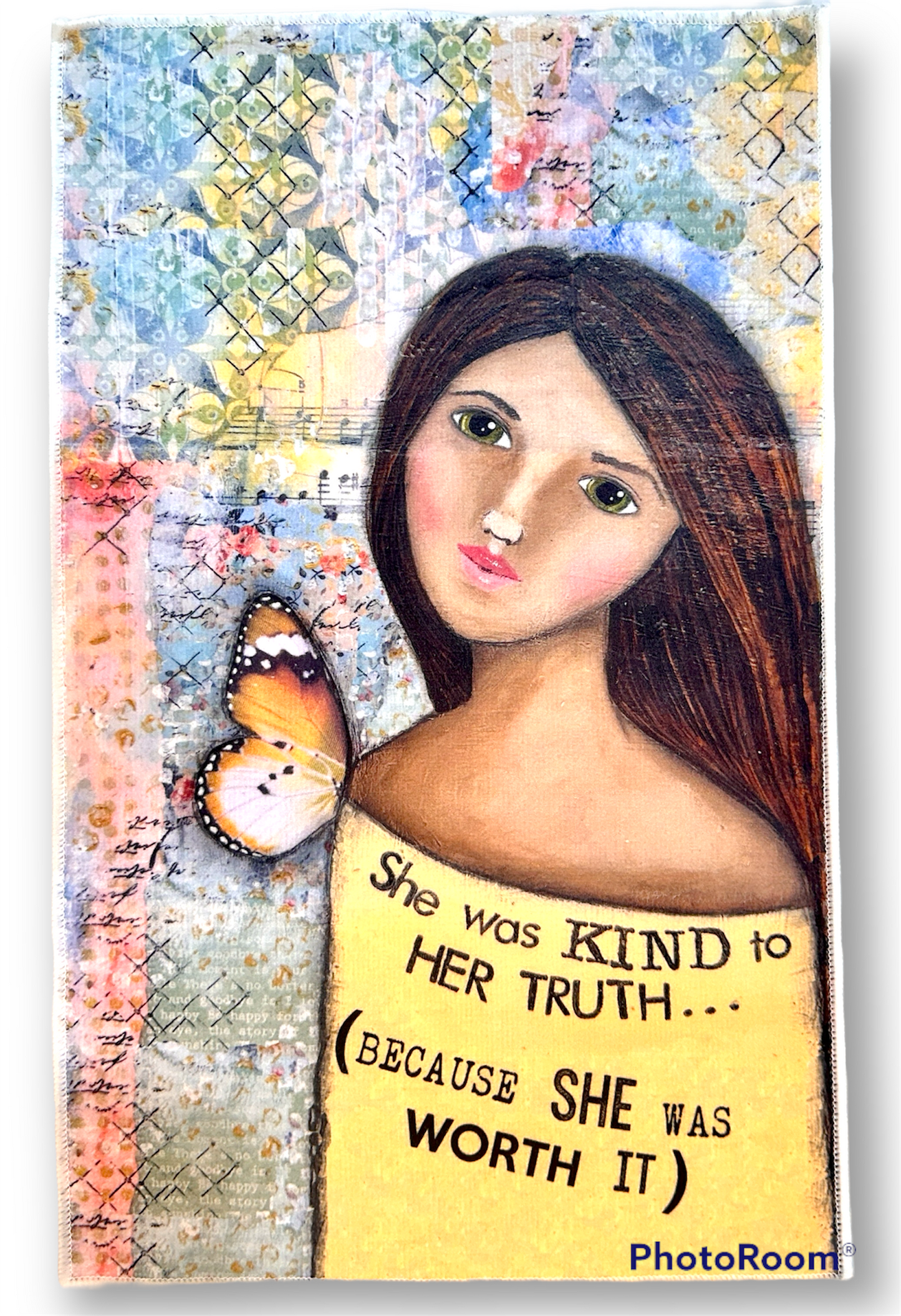 whimsy and me, yellow, mixed media, butterfly girl, brunette, framed, recycled frame, green eyes, whimsical girl, hand towel, soft