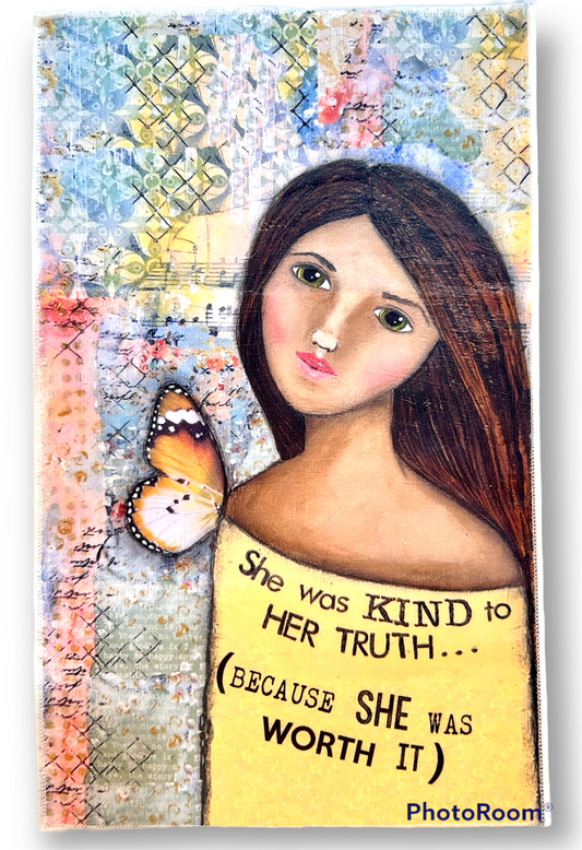 whimsy and me, yellow, mixed media, butterfly girl, brunette, framed, recycled frame, green eyes, whimsical girl, hand towel, soft