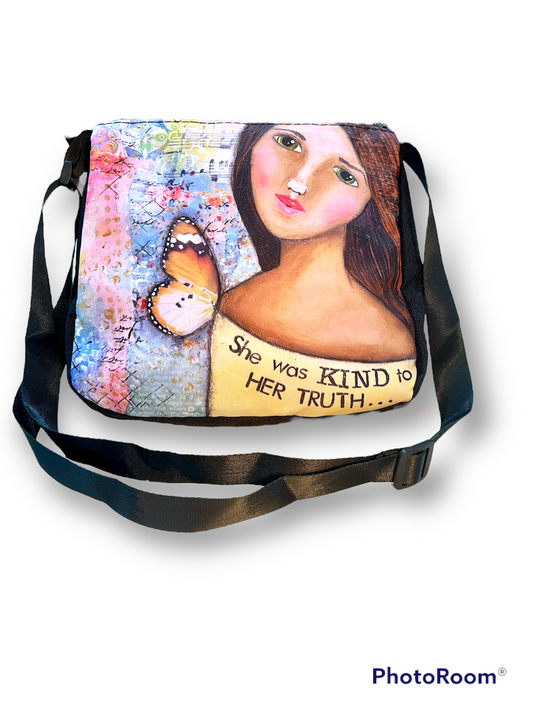 whimsy and me, yellow, mixed media, butterfly girl, brunette, framed, recycled frame, green eyes, whimsical girl, hand bag