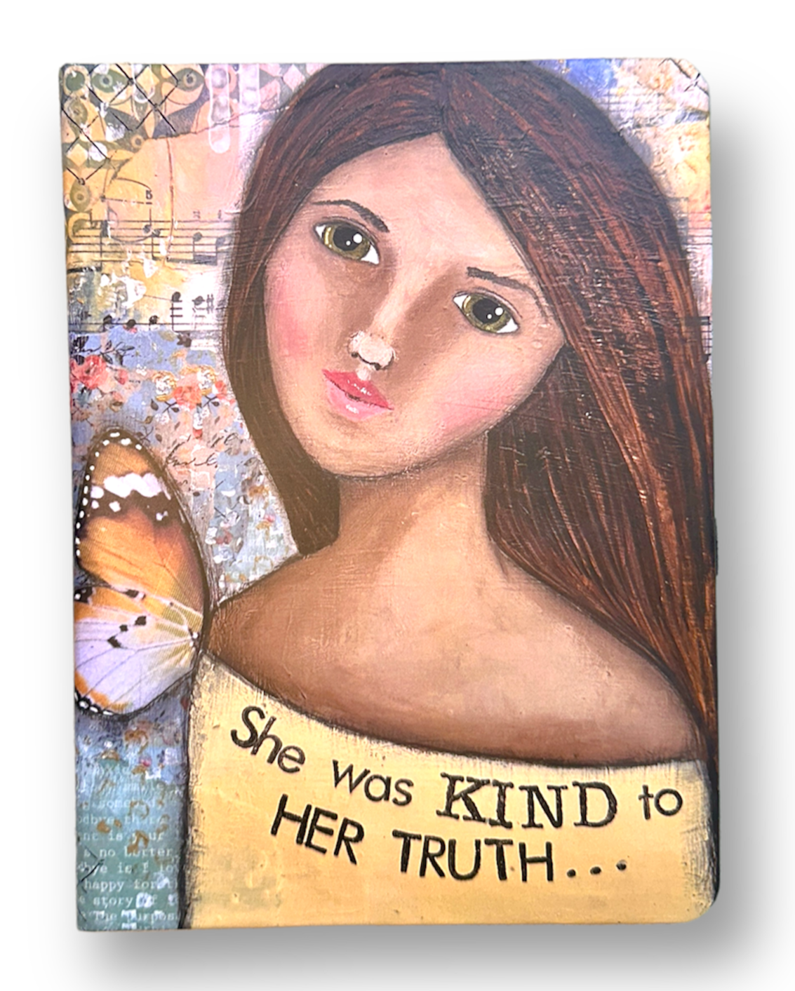 whimsy and me, yellow, mixed media, butterfly girl, brunette, framed, recycled frame, green eyes, whimsical girl, journal, writing